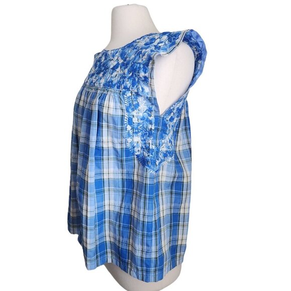 MI GOLONDRINA Soledad Blouse Women's Small Floral Ruffle‎ Top Lago Blue Plaid - Picture 4 of 12